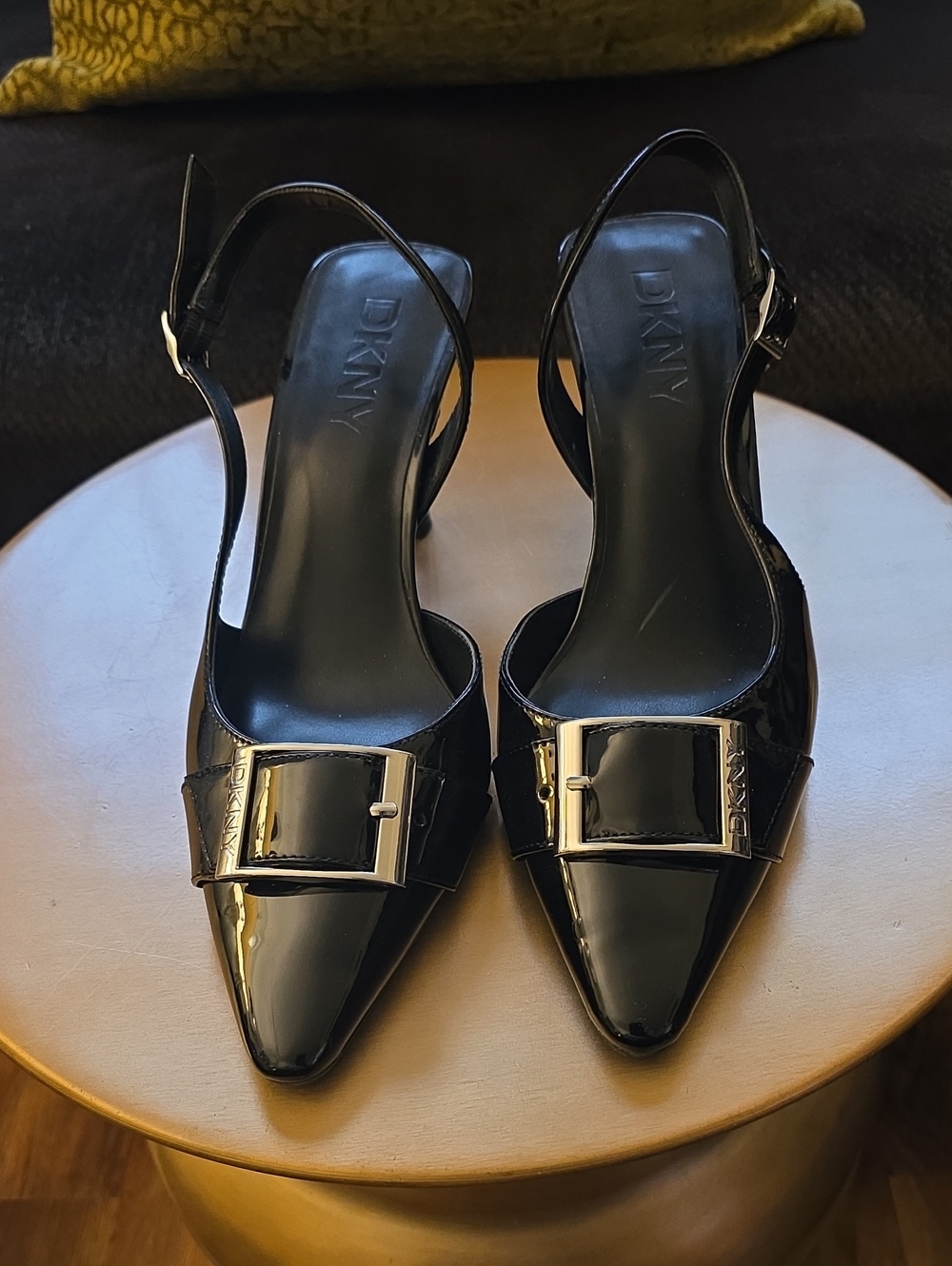 DKNY Black Patent Slingback Pumps with Buckle Accent